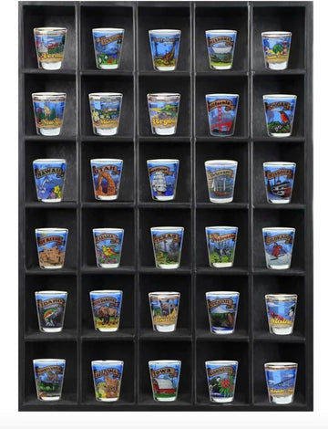 Tasse Verre 30 Shot Glass Shelf Display Case (1-Pack) - Large Wooden Collectibles Rack - Wall Mounted Black Bar Shadow Box Minifigure Storage