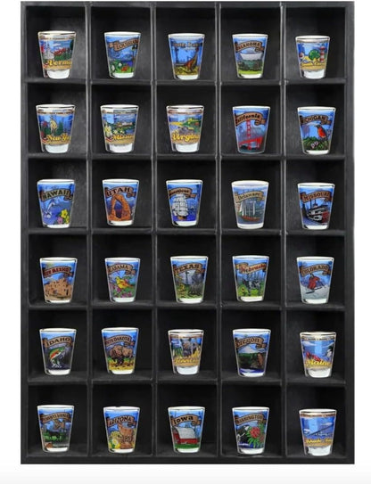 Tasse Verre 30 Shot Glass Shelf Display Case (1-Pack) - Large Wooden Collectibles Rack - Wall Mounted Black Bar Shadow Box Minifigure Storage