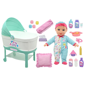 New Adventures Little Darlings: 12" Bassinet Baby Doll Set - Teal, Pink, Stars - Soft Body Doll, Plastic Bassinet, Accessories, Toddler Kids Ages 2+