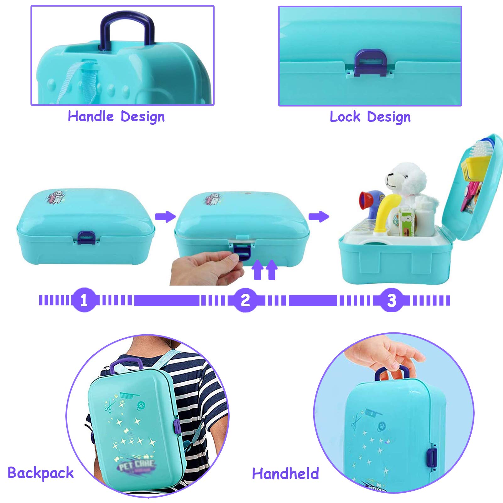 TEUVO Pet Care Play Set Doctor Kit for Kids, 16 Pcs Doctor Pretend Play Vet Dog Grooming Toys Puppy Dog Carrier Feeding Dog Backpack Gifts for Girls