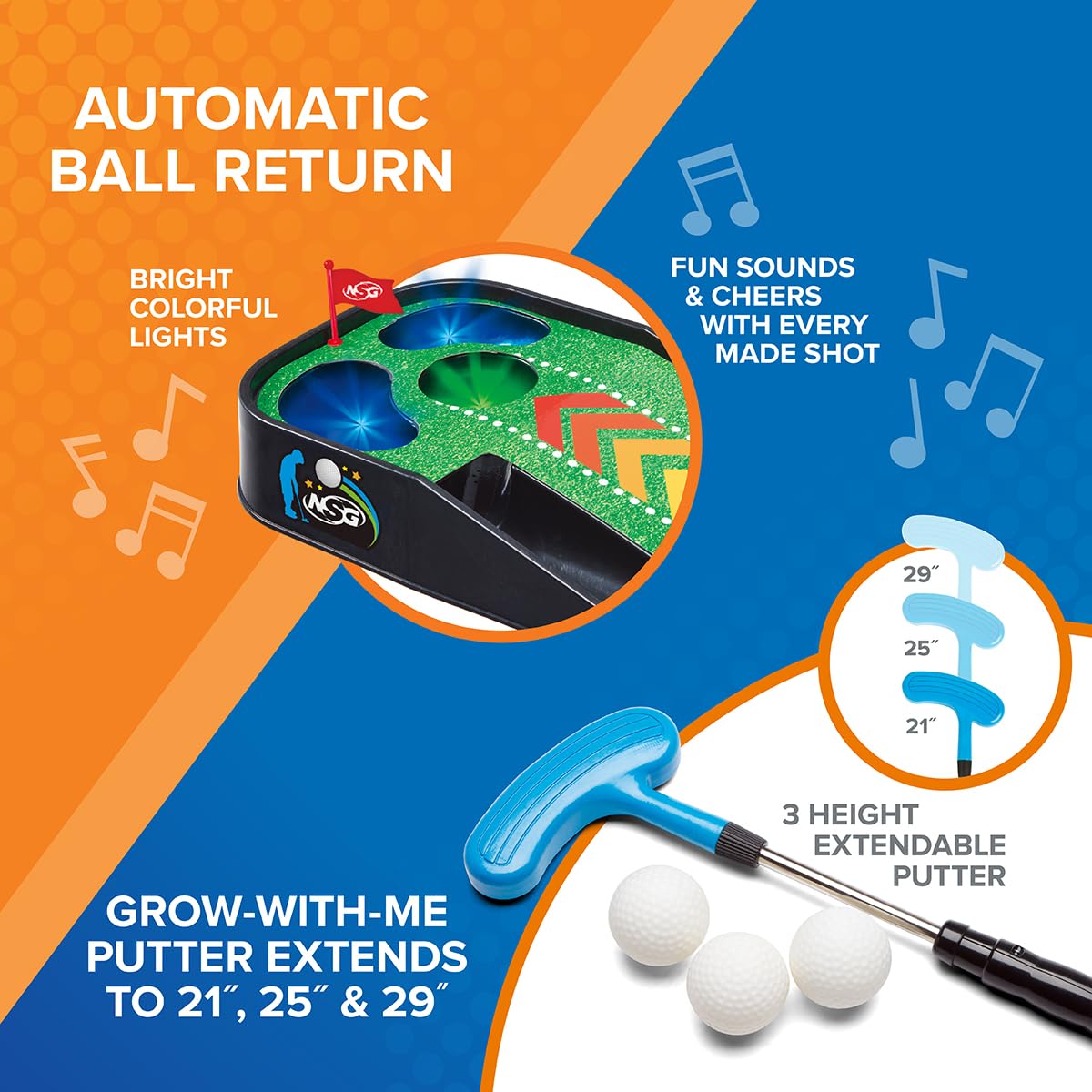 NSG Electronic Mini Golf Putting Game for Kids - Indoor Golf Toy with 4ft Mat, Aiming Pin Flag, Auto Ball Return, Cheers & Sounds, Lights, 3 Balls