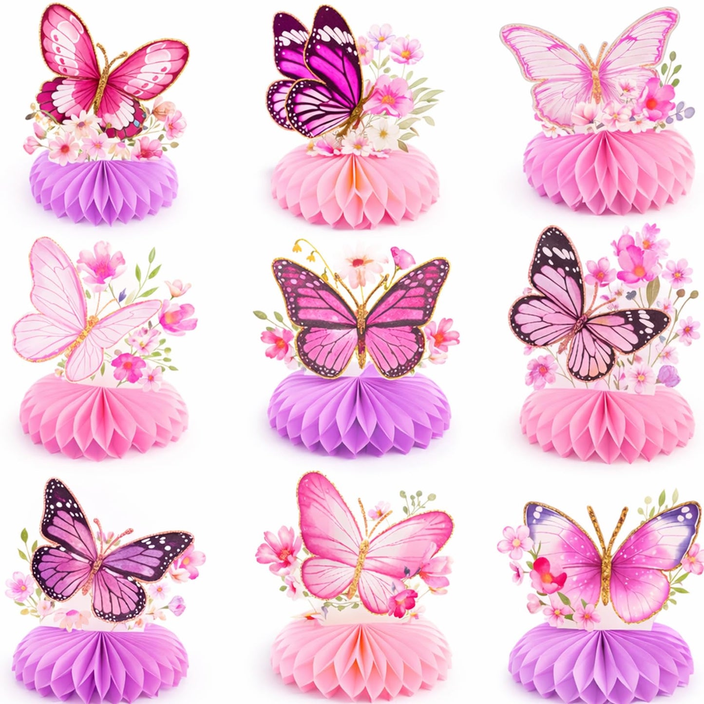 9 Pcs Butterfly Honeycomb Centerpieces, 3D Pink and Purple Butterfly Table Decorations with Floral Designs for Girls Birthday Parties, Baby Showers