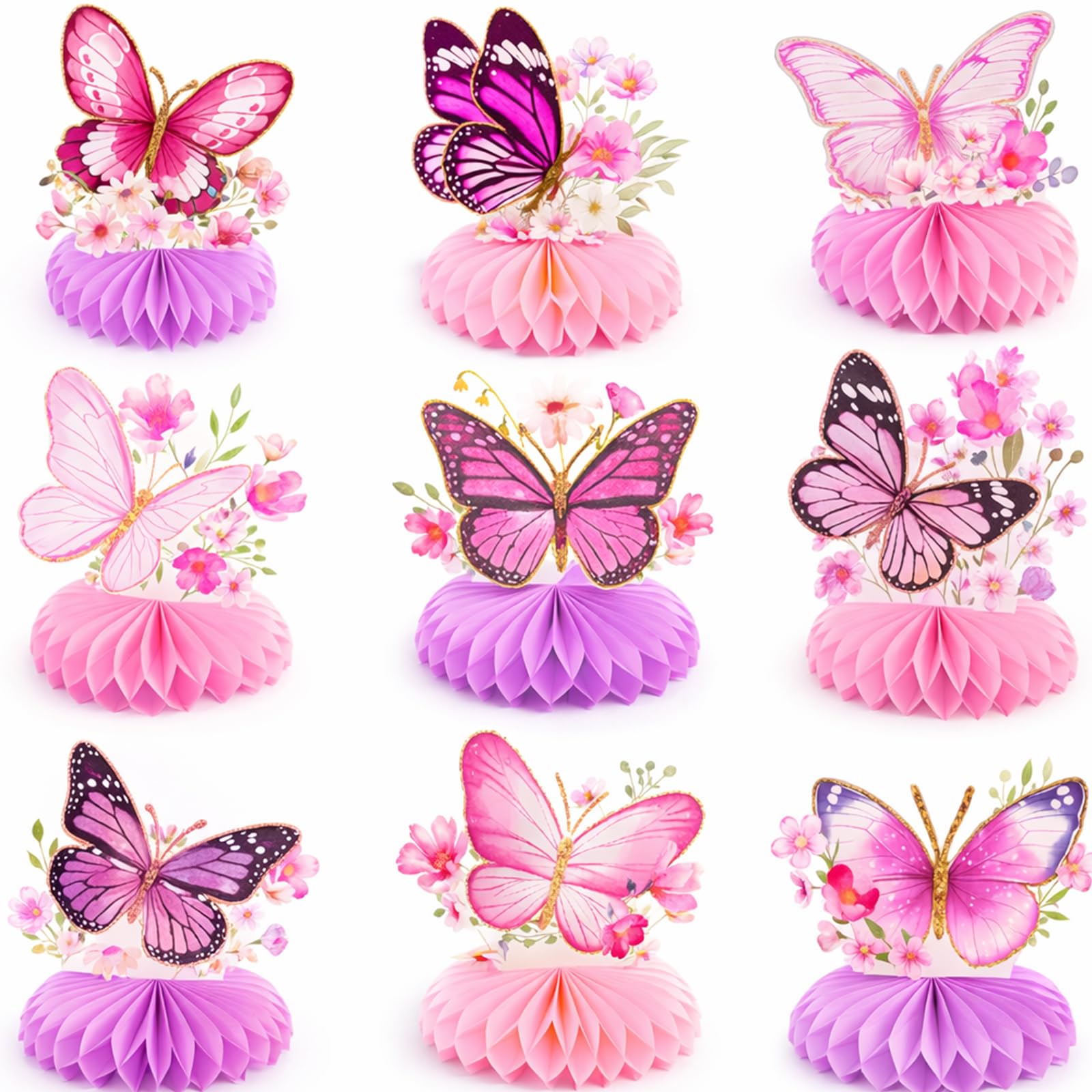 9 Pcs Butterfly Honeycomb Centerpieces, 3D Pink and Purple Butterfly Table Decorations with Floral Designs for Girls Birthday Parties, Baby Showers