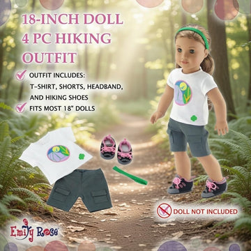 Emily Rose Girl Scouts® Officially Licensed 18 Inch Doll Camping Outfit - Badge Graphic T-Shirt, Cargo Shorts, Headband & Hiking Boots - Fits American
