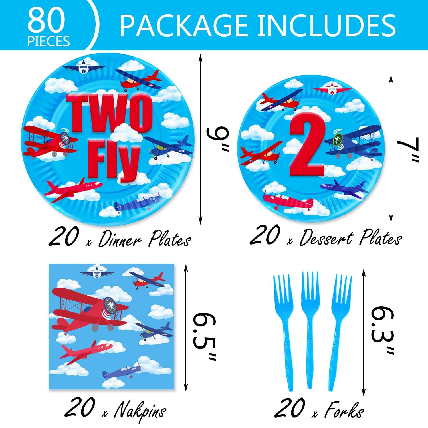 80 Pcs Airplane 2nd Birthday Party Decorations Two Fly Disposable Paper Dinner Plates Napkins Forks Dinnerware for Aviation Theme Boys 2nd Birthday