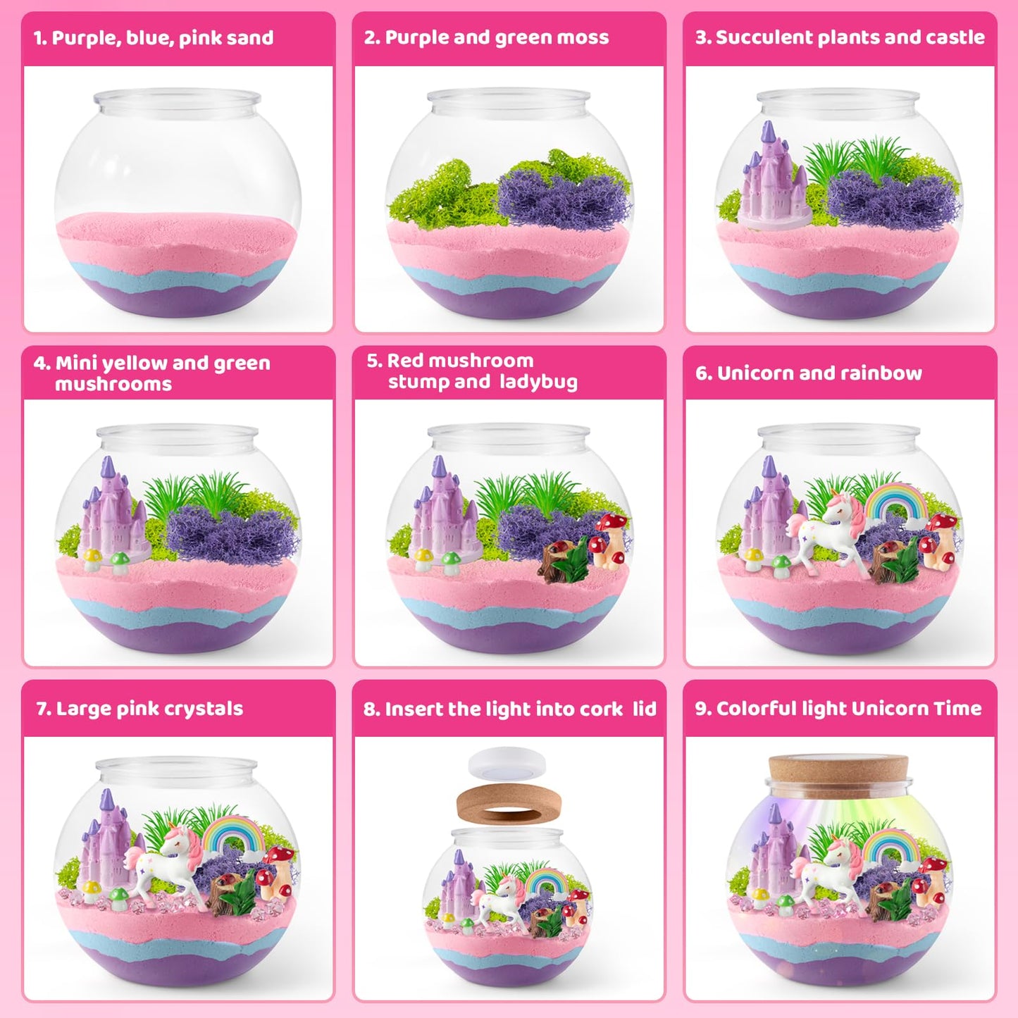 JOYEEMAX Unicorn Light-Up Terrarium Kit for Kids - LED Night Light Birthday Gift for Girls Ages 4 5 6 7 8-12 Year Old - Unicorn Toys for Girls - DIY