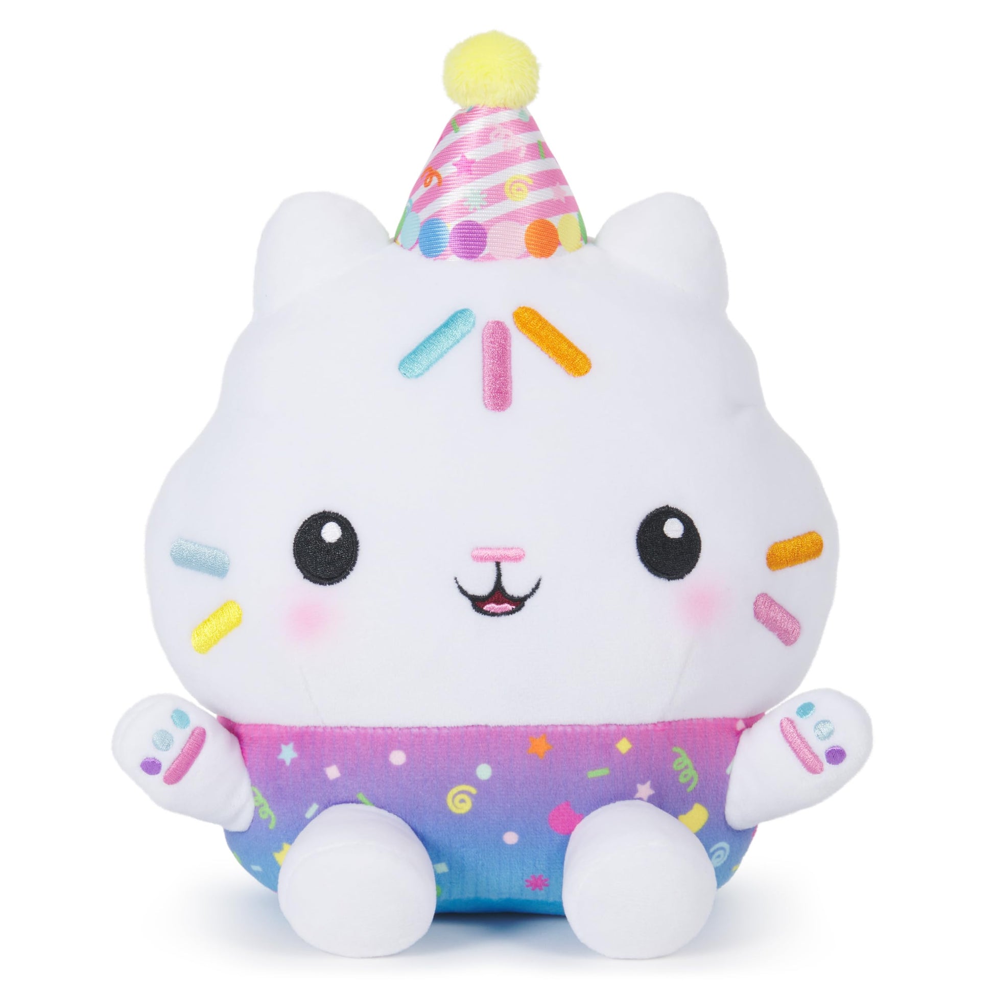 Gabby's Dollhouse Celebrations, Sprinkle Party Cakey Cat Soft Toy, 25-Centimetre Interactive Soft Toy with Sounds, Kids’ Toys for Girls and Boys Aged