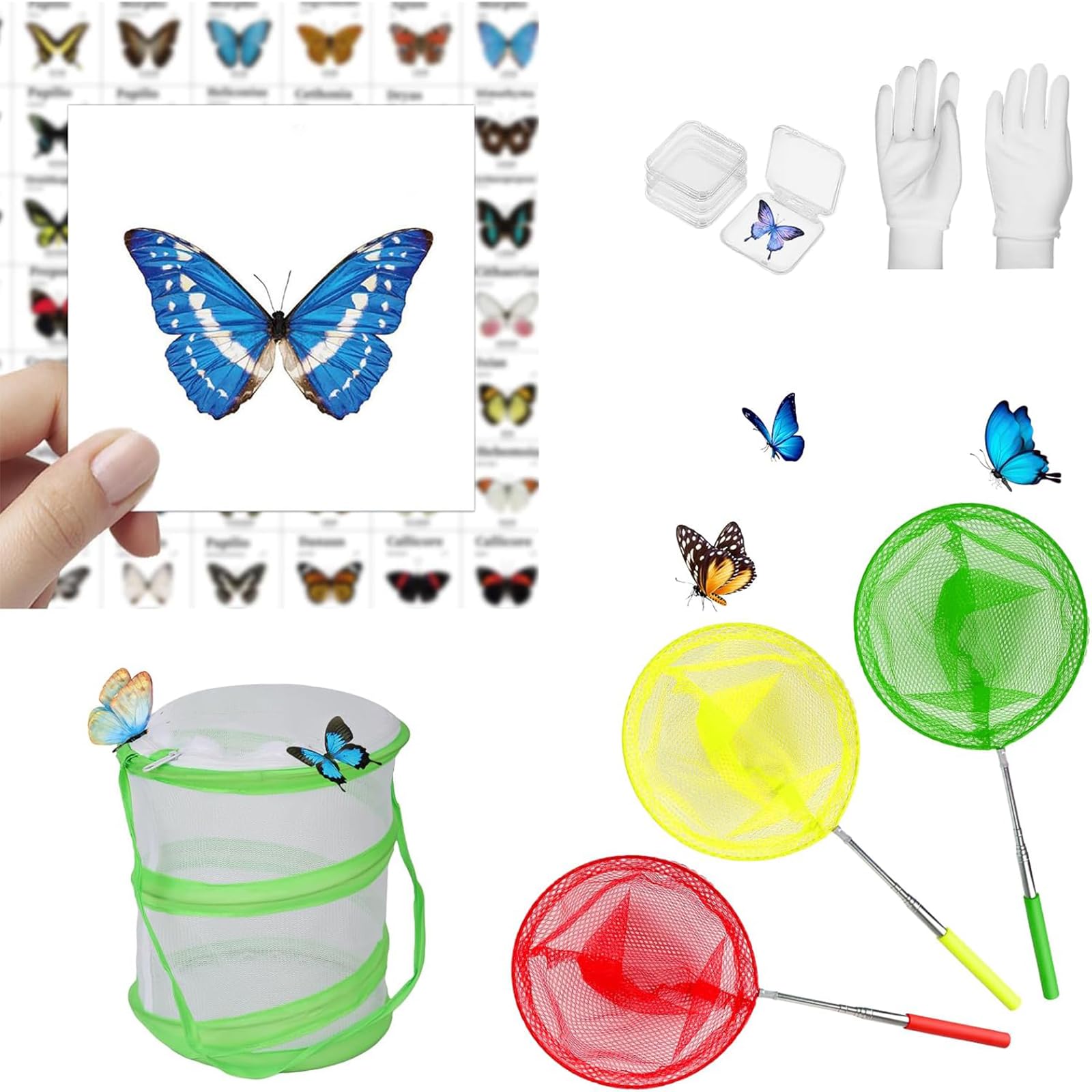 3 Pack Kids Telescopic Butterfly Fishing Net Set Extendable Anti Slip Bug Catching Kit with Box Cage Stickers Outdoor Toys