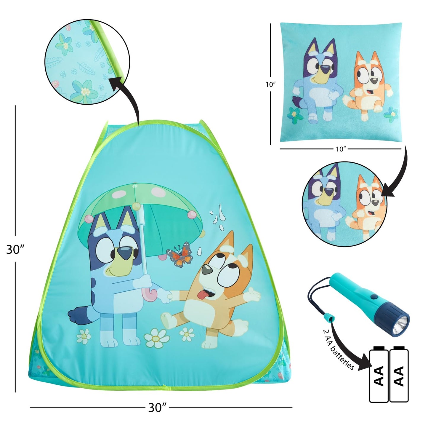 Bluey 3-Piece Adventure Slumber Set - Pop-Up Play Tent, Pillow & Flashlight, Fun Indoor Playhouse for Kids Ages 3+, Perfect for Sleepovers, Camping