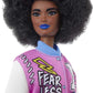 Barbie Fashionistas Doll #156 with Brunette Afro & Blue Lips Wearing Graphic Coat Dress & Yellow Shoes, Toy for Kids 3 to 8 Years Old