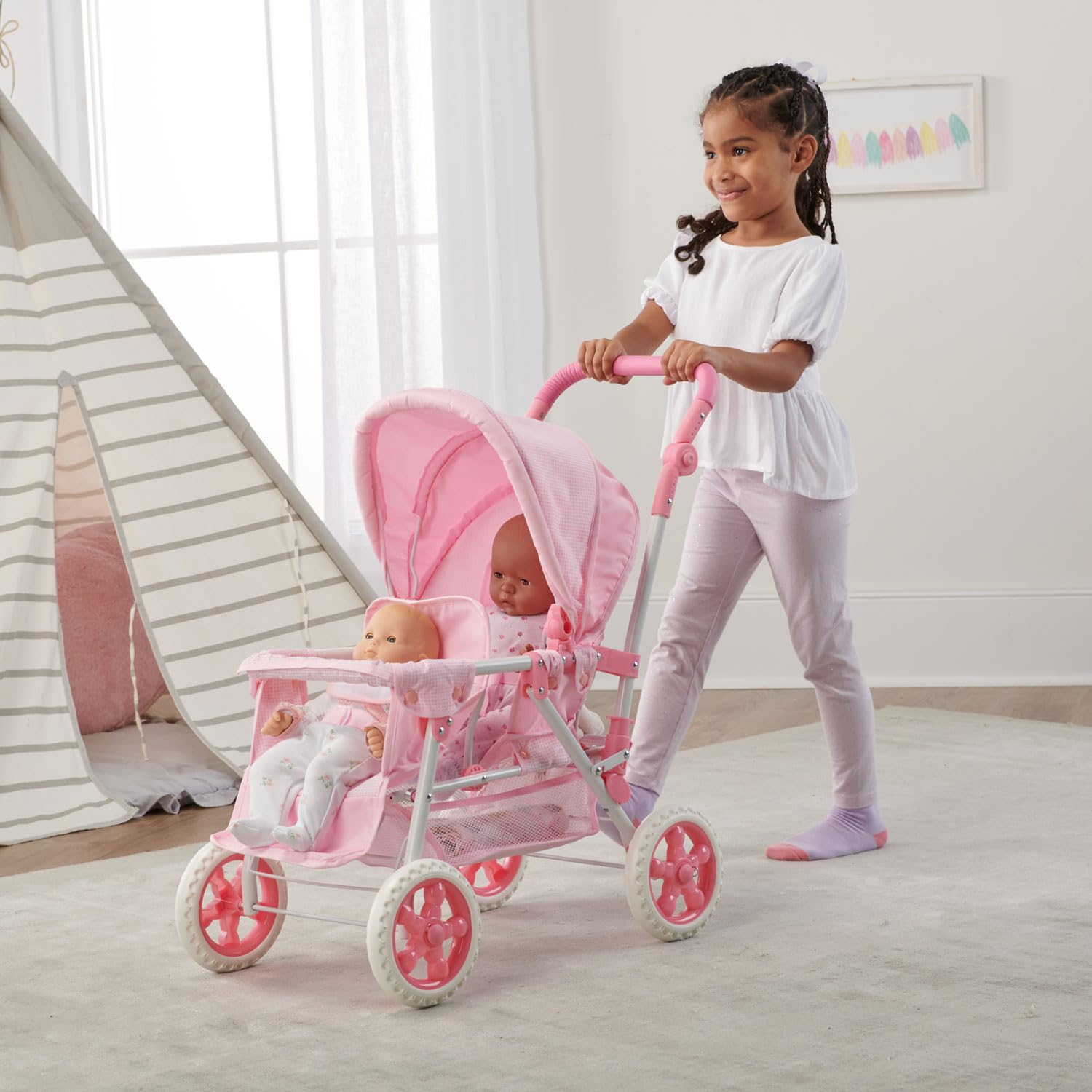 Badger Basket Double Front to Back Stroller for Dolls - Lightweight Foldable Toy Pram with Gingham Fabric Canopy and Storage Basket - Fun Pretend Play