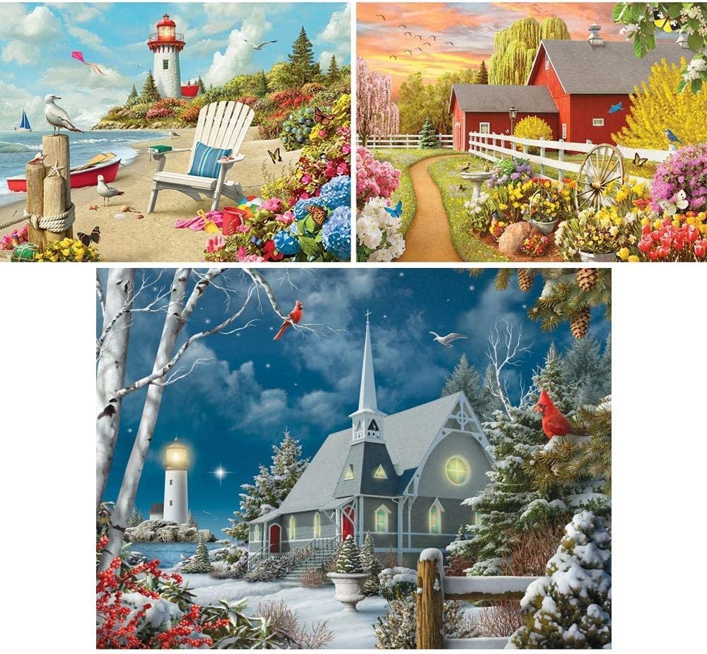 Bits and Pieces 3 Jigsaw Puzzle Set - 300 Piece Puzzles for Adults - Alan Giana Seasons Set - 18" x 24" Jigsaw Puzzles - Spring Winter Beach - Random