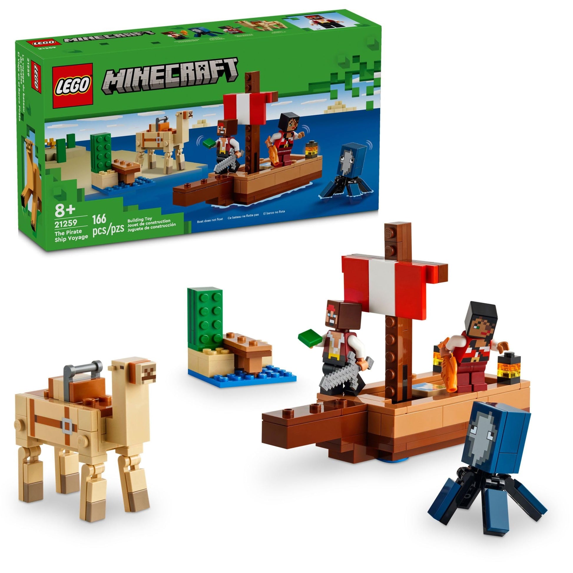 LEGO Minecraft The Pirate Ship Voyage, Boat Toy Playset for Kids with Squid, Camel and Pirate Figures, Toy Building Set for Action Role-Play,