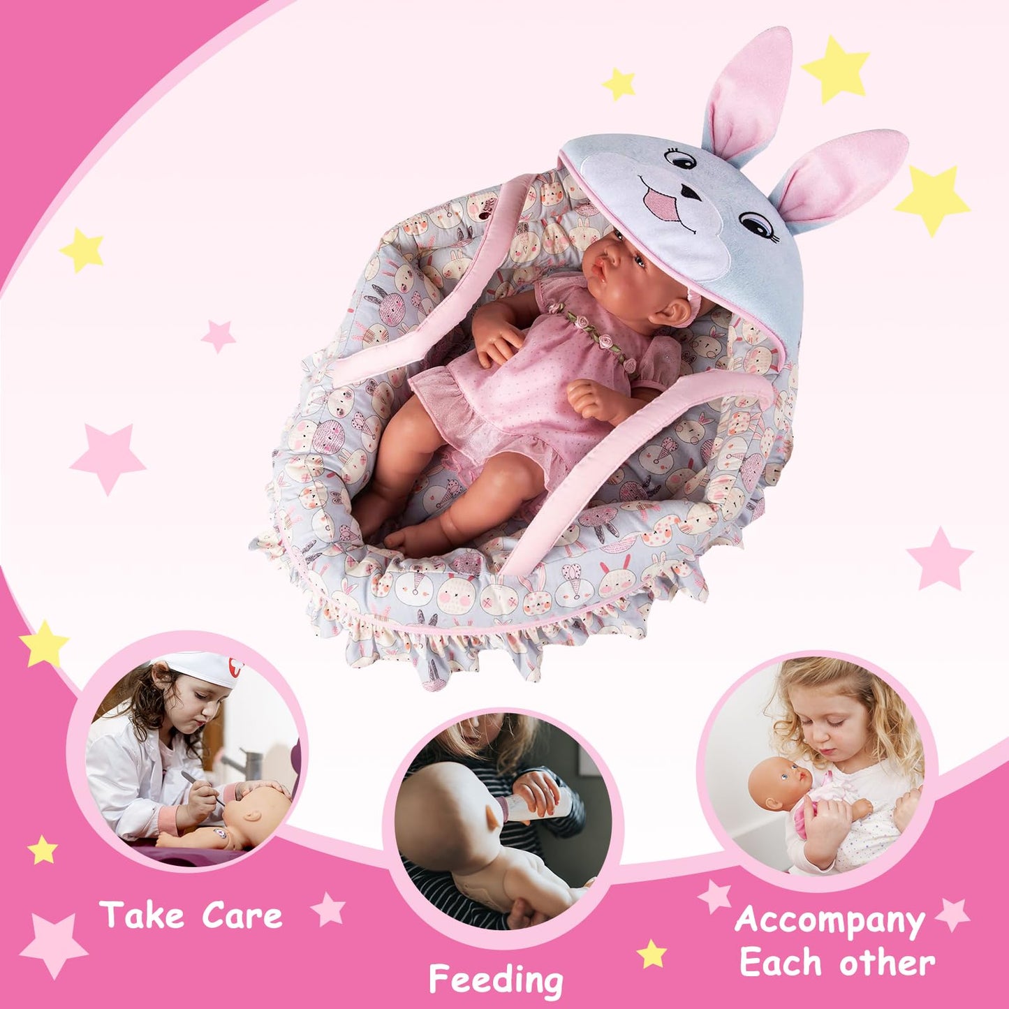 Rakki Dolli Doll Carry Cot Doll Carry Crib Doll Carrier with Fashion Embroidered Rabbit Face, Fits for 16” 18” American Girl Dolls