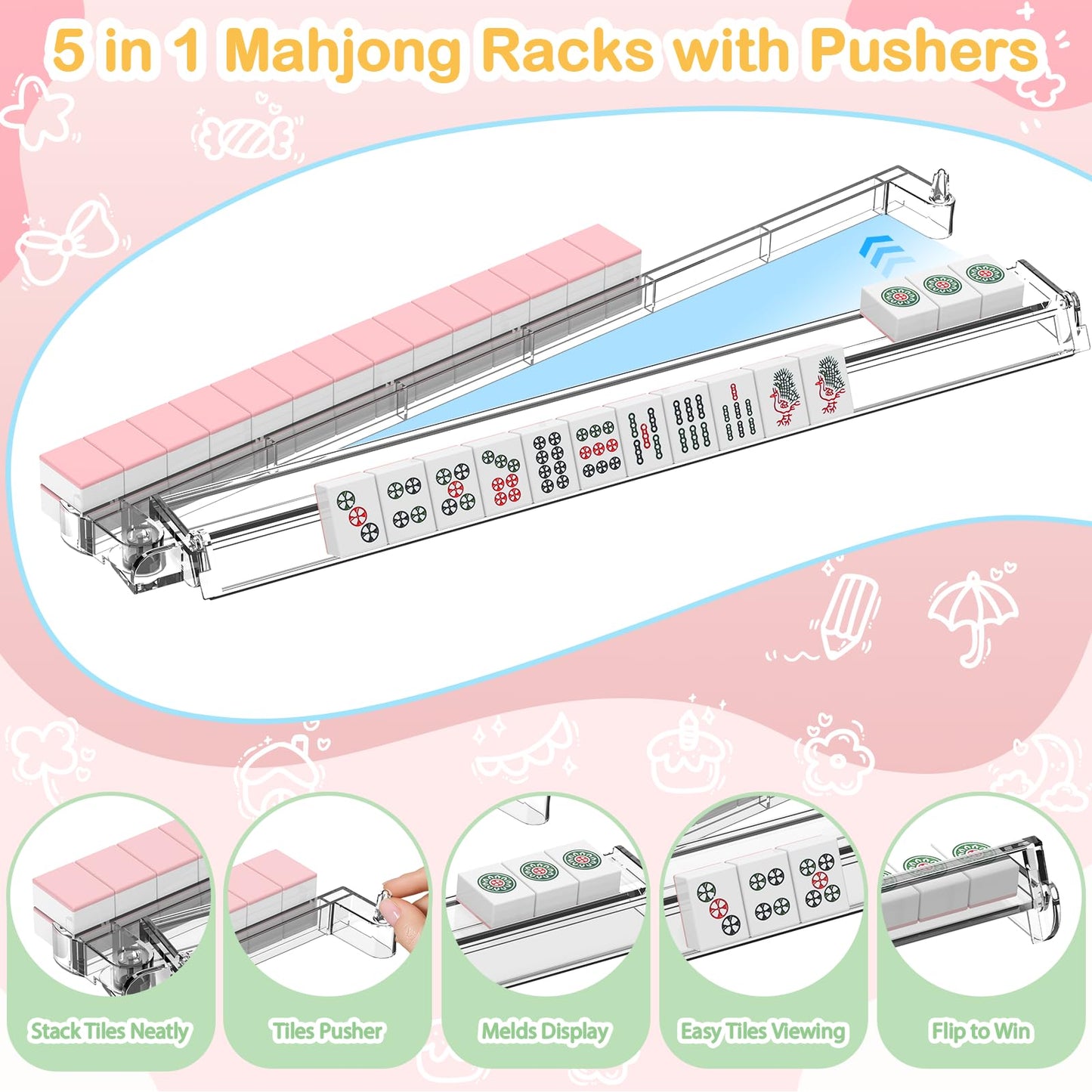 RESOVO Mahjong Racks with Pushers 4 Pack, Flip to Win-Latest Upgraded Feature, Acrylic Crystal Clear Mah Jongg Tiles Stand Holder Tray, Table Game