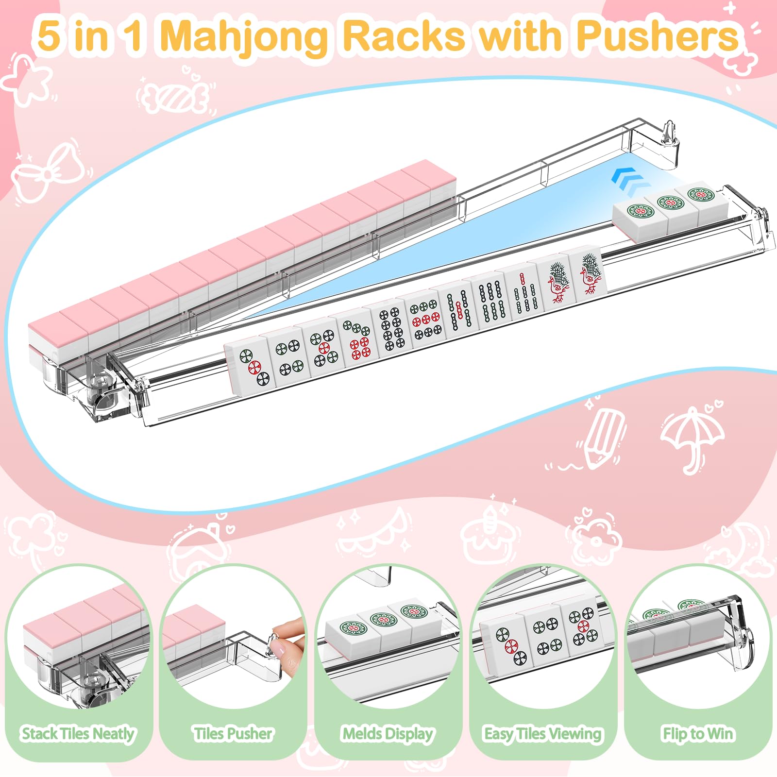 RESOVO Mahjong Racks with Pushers 4 Pack, Flip to Win-Latest Upgraded Feature, Acrylic Crystal Clear Mah Jongg Tiles Stand Holder Tray, Table Game