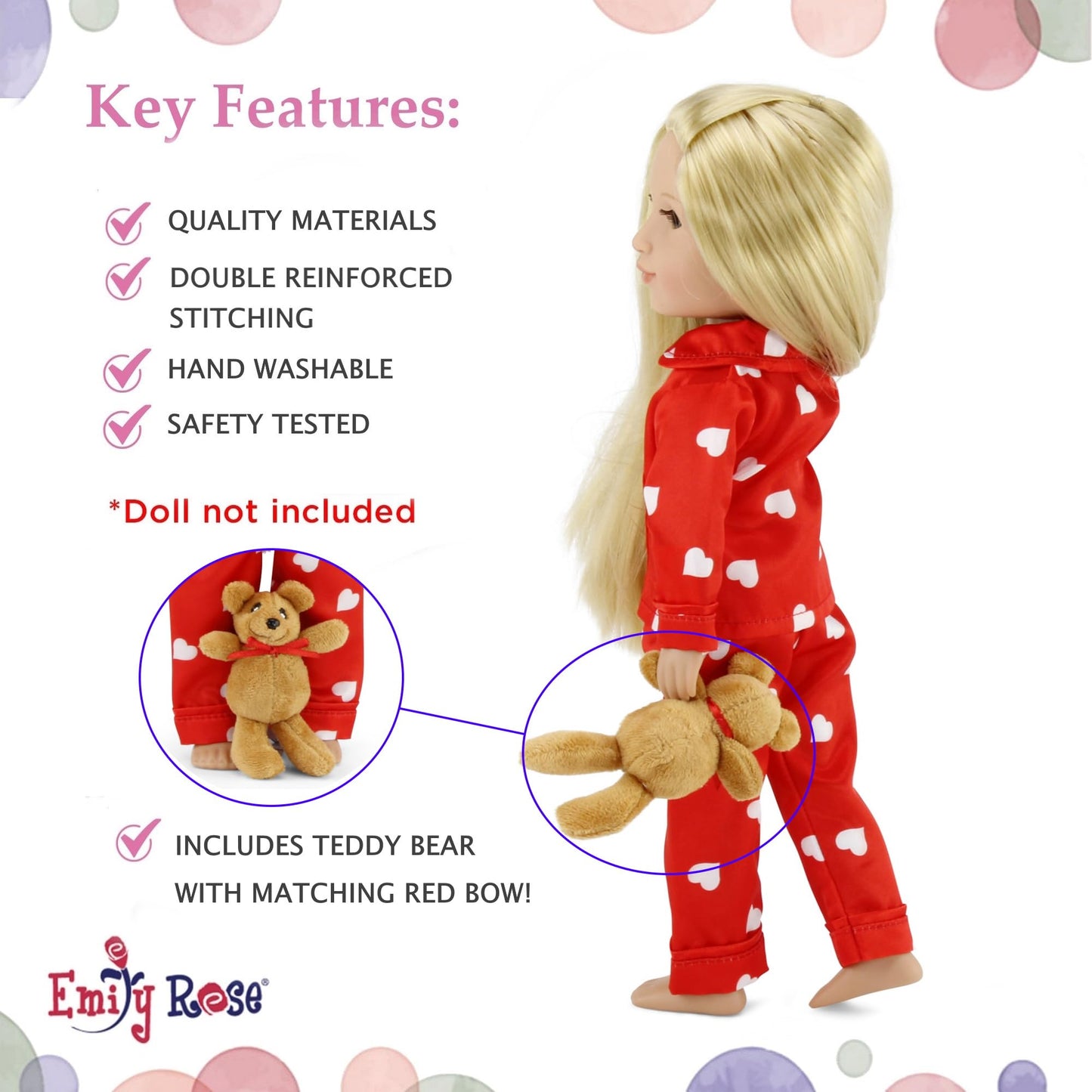 Emily Rose 14 Inch Doll Silky Red & White Heart Set Gift Boxed | USA Brand 3-Piece Sleeping Outfit with Teddy Bear Companion | Encourages Creative