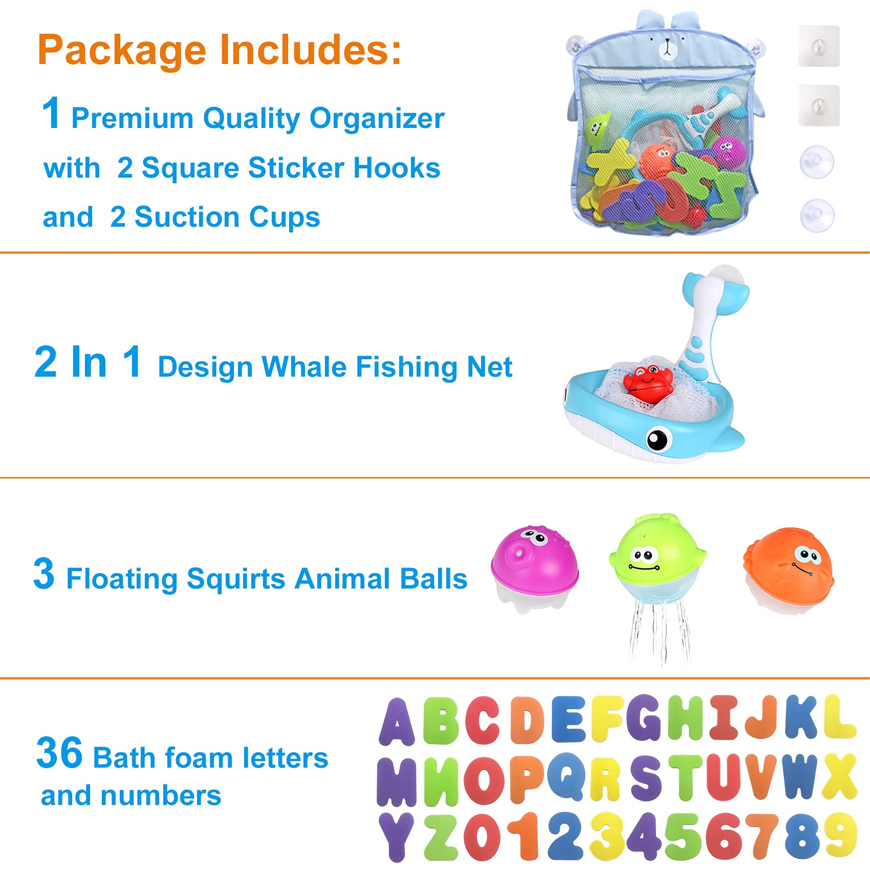 Bath Toy Sets, 36 Foam Bath Letters and Numbers, Floating Squirts Animal Toys Set with Fishing Net and Organizer Bag, Fish Catching Game for Babies