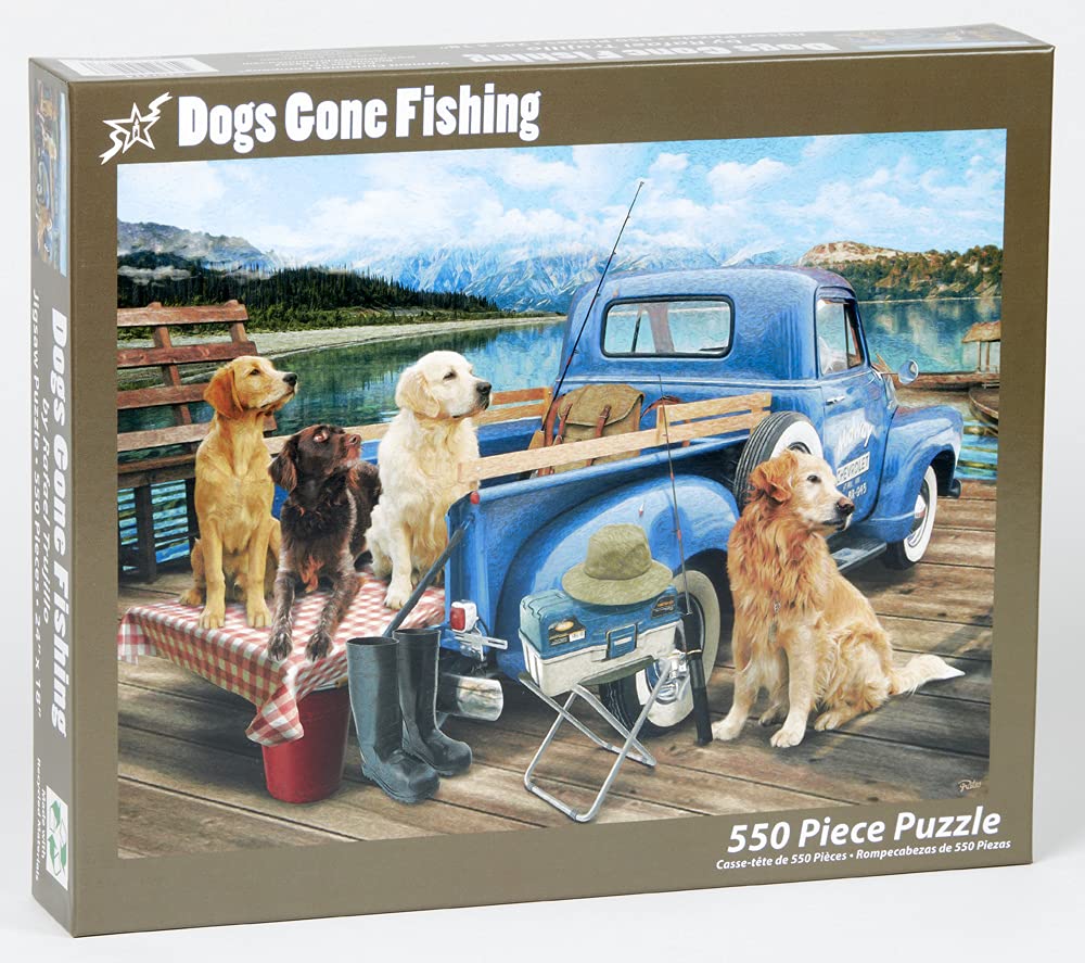 Vermont Christmas Company Dogs Gone Fishing Jigsaw Puzzle - 550 Piece Dog Puzzle for Adults & Families - Cute Puzzles of Dogs with Durable, Fully