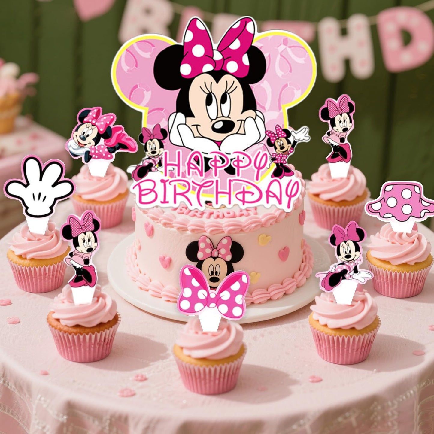Pink Mouse Birthday Cake Topper for Girls, 25 Pcs Cute Mouse Cake Topper and Cupcake Toppers Set, Cartoon Themed Celebration Cake Decor, Perfect