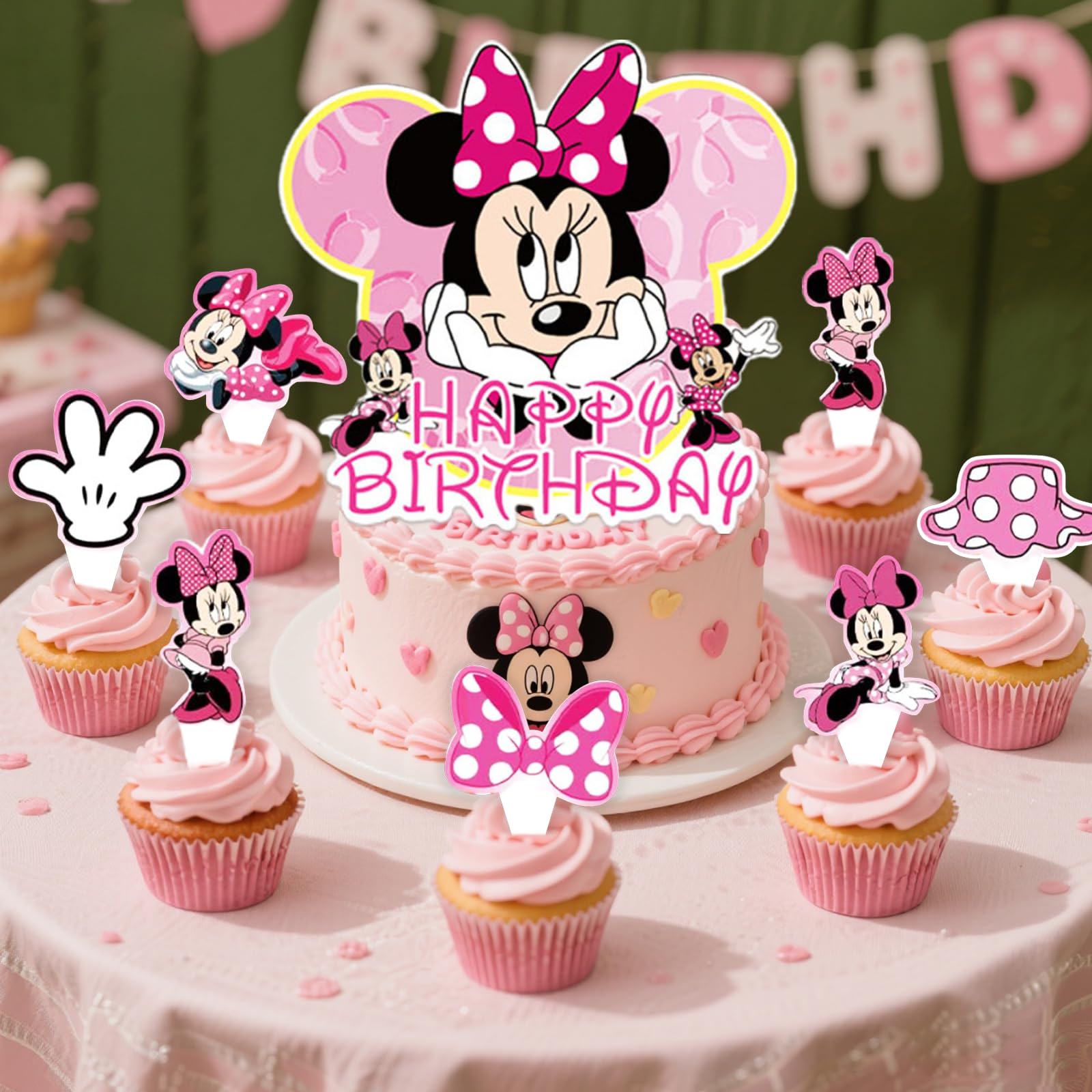 Pink Mouse Birthday Cake Topper for Girls, 25 Pcs Cute Mouse Cake Topper and Cupcake Toppers Set, Cartoon Themed Celebration Cake Decor, Perfect