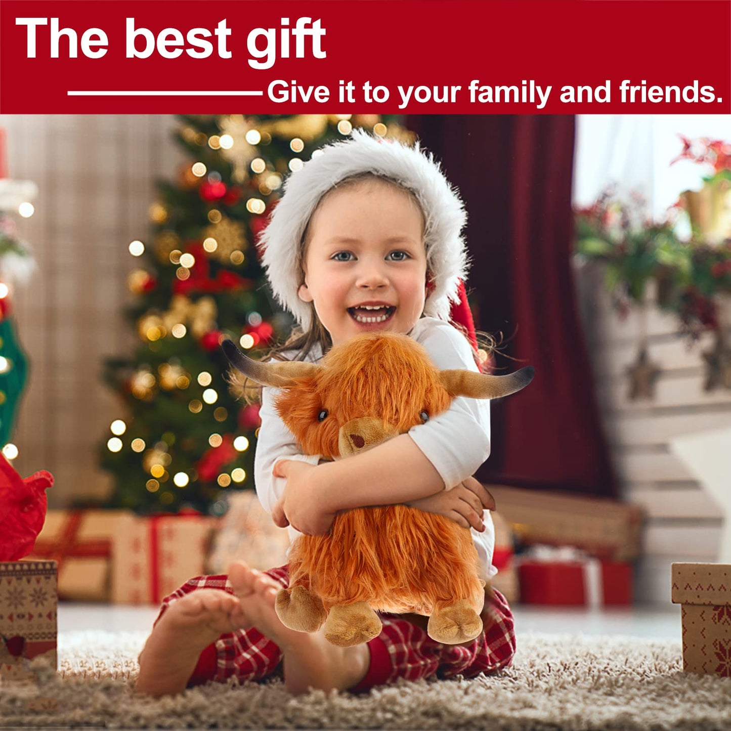 Highland Cow Stuffed Animal Plush Toy - 10” Fluffy Highland Bull Plush, Soft Cow Doll Gift for Kids, Boys, Girls, Toddlers, Birthday & Christmas