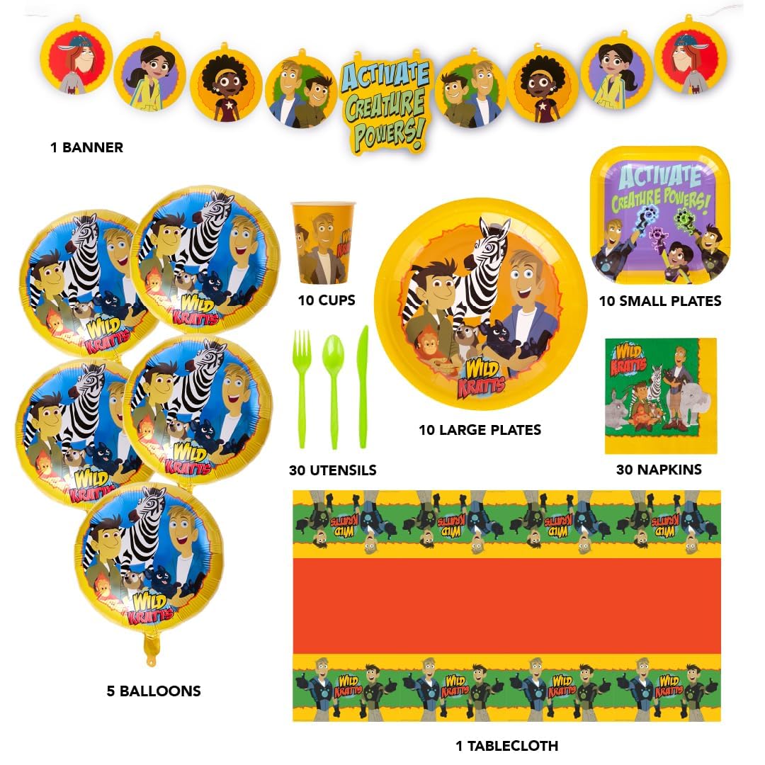 Wild Kratts Birthday Party Kit - All-in-One Celebration Pack for 10 Kids with Licensed Decorations, Environmentally Friendly Tableware, 5-Foot Banner