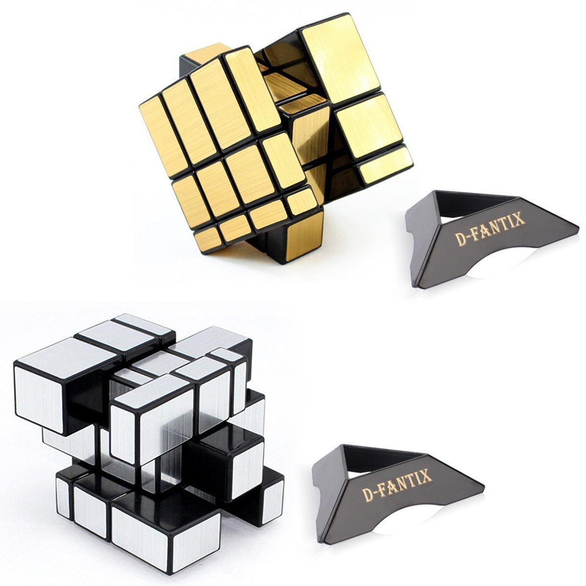 D-FantiX 2 Pack Gold & Silver Blocks Mirror Cube 3x3x3 with Display Stand
