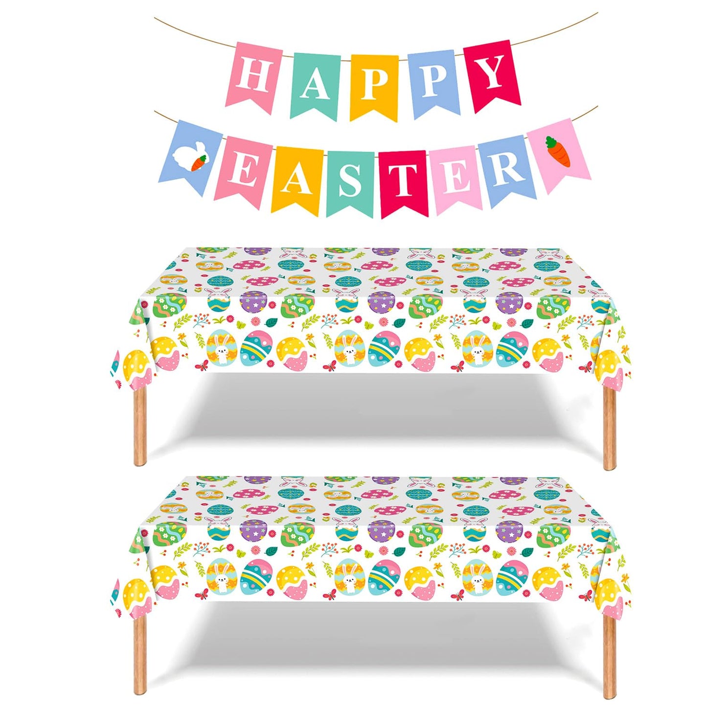 MEILINJIAN Easter Tablecloths 2 Pack Disposable Plastic with Happy Easter Paper Banner - 54x108 Inch Spring Party Decorations for Egg Hunt, Dinner