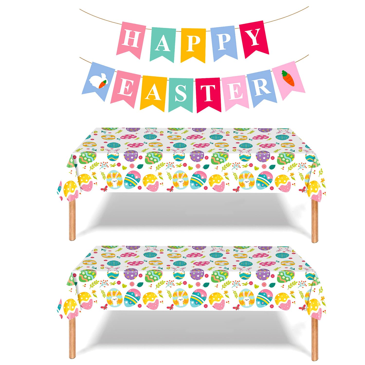 MEILINJIAN Easter Tablecloths 2 Pack Disposable Plastic with Happy Easter Paper Banner - 54x108 Inch Spring Party Decorations for Egg Hunt, Dinner