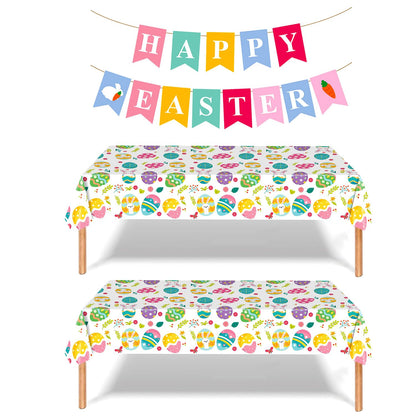 MEILINJIAN Easter Tablecloths 2 Pack Disposable Plastic with Happy Easter Paper Banner - 54x108 Inch Spring Party Decorations for Egg Hunt, Dinner