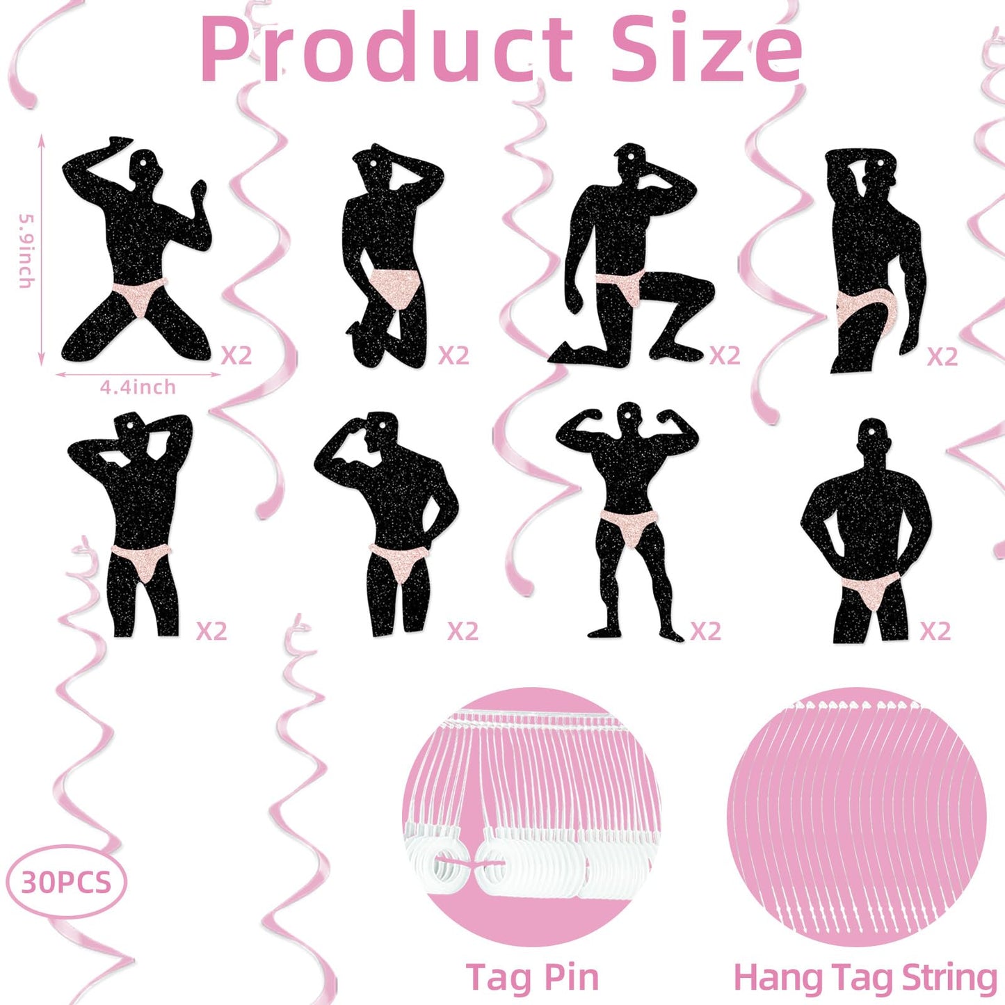 30 Pcs Funny Dancer Hanging Swirls Decoration, Muscle Man Silhouette Ceiling Ornaments with Pink Foil Swirls for Bachelorette Party, Girls Night Out