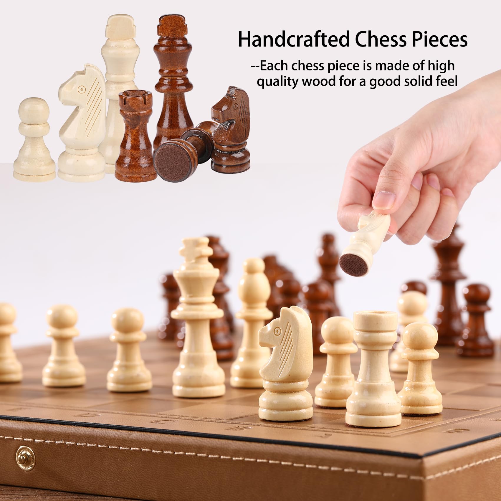 15" Magnetic Chess Set & Checkers Set 2 in 1?Rinten Leather Portable Travel Chess Board Game Sets with Velvet Bag Packaging Beginner Large Chess Set