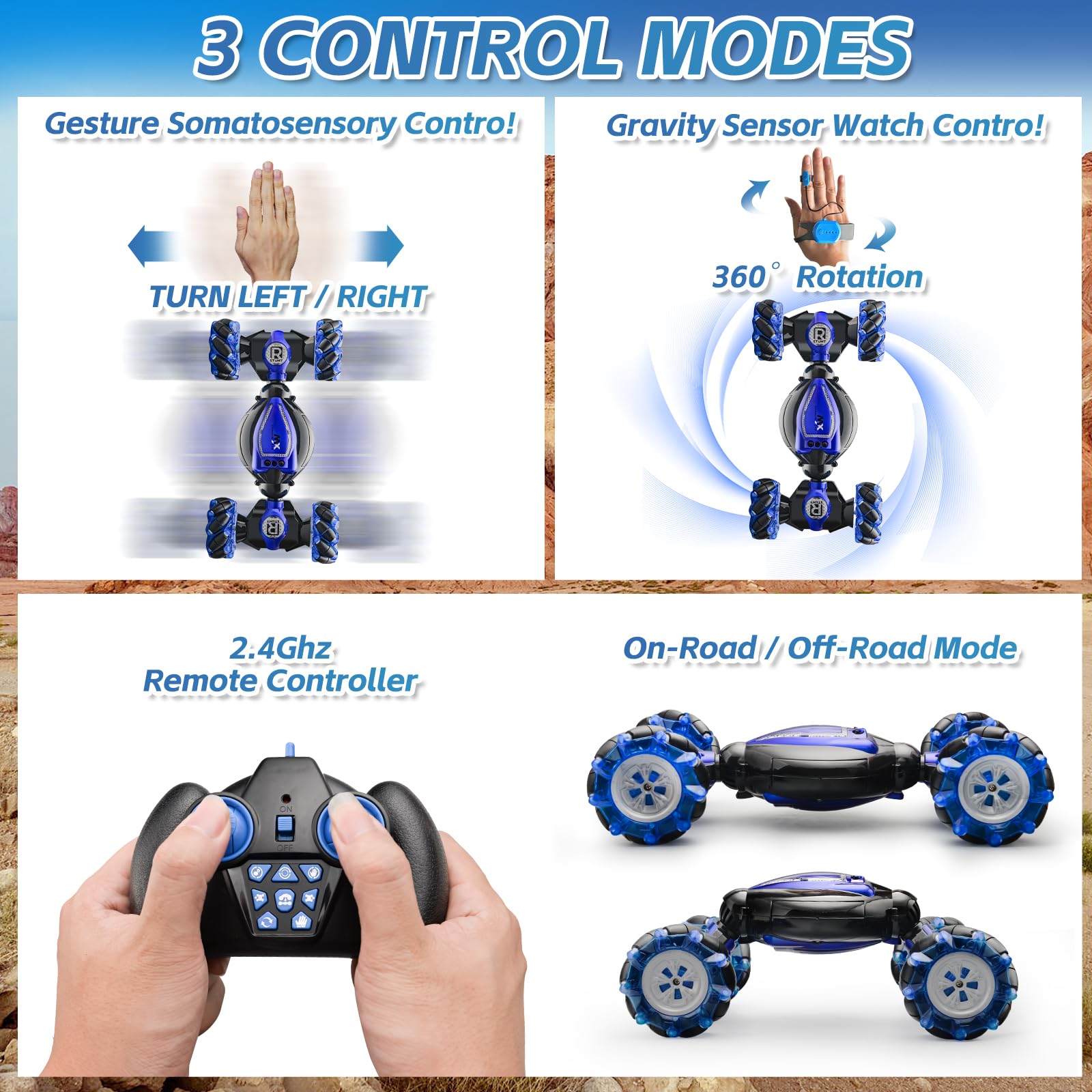 Remote Control Car for Boys 8-12, Gesture & Hand Motion Control RC Car, 360° Spins & Drifting Stunt, All-Terrain 4WD Off-Road, Indoor & Outdoor Toys