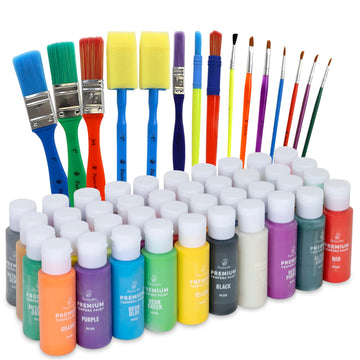 Kids Tempera Paint Set | Value Pack Includes 40 Washable Non-Toxic Colorful Paints (2oz bottles) & 15 Brushes | Metallic, Neon, Glow In The Dark
