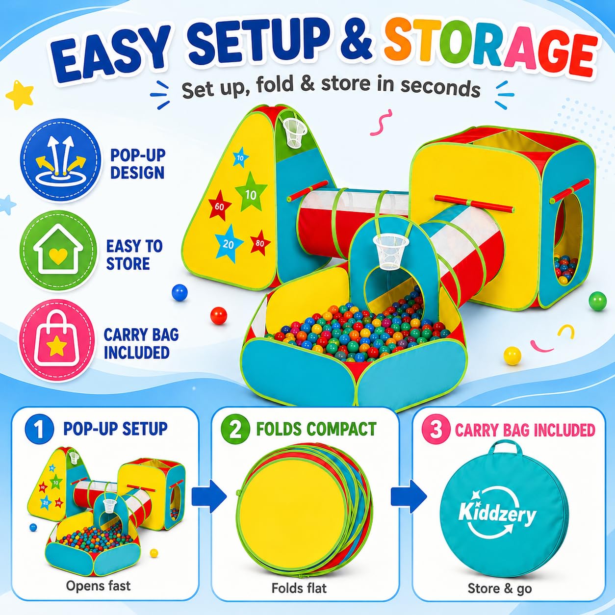 Kids Play Tent for Toddlers, 5pc Toddler Jungle Gym Playset with Ball Pit, Crawl Tunnel and Obstacle Course, Indoor Outdoor Playhouse Toy for Boys