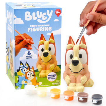 Bluey Paint Your Own Bingo Figurine, Paintable Ceramic Figure, Includes 6 Acrylic Paints, Paintbrush, Toys, Birthday Decorations, Party Favors, Kids