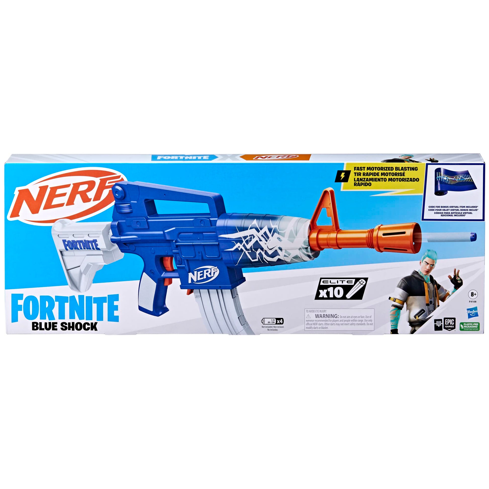 Nerf Fortnite Blue Shock Blaster, 10 Dart Clip, 10 Elite Nerf Darts, Includes Bonus Code To Unlock The Beat Wrap in the Game, Motorized Dart Blaster