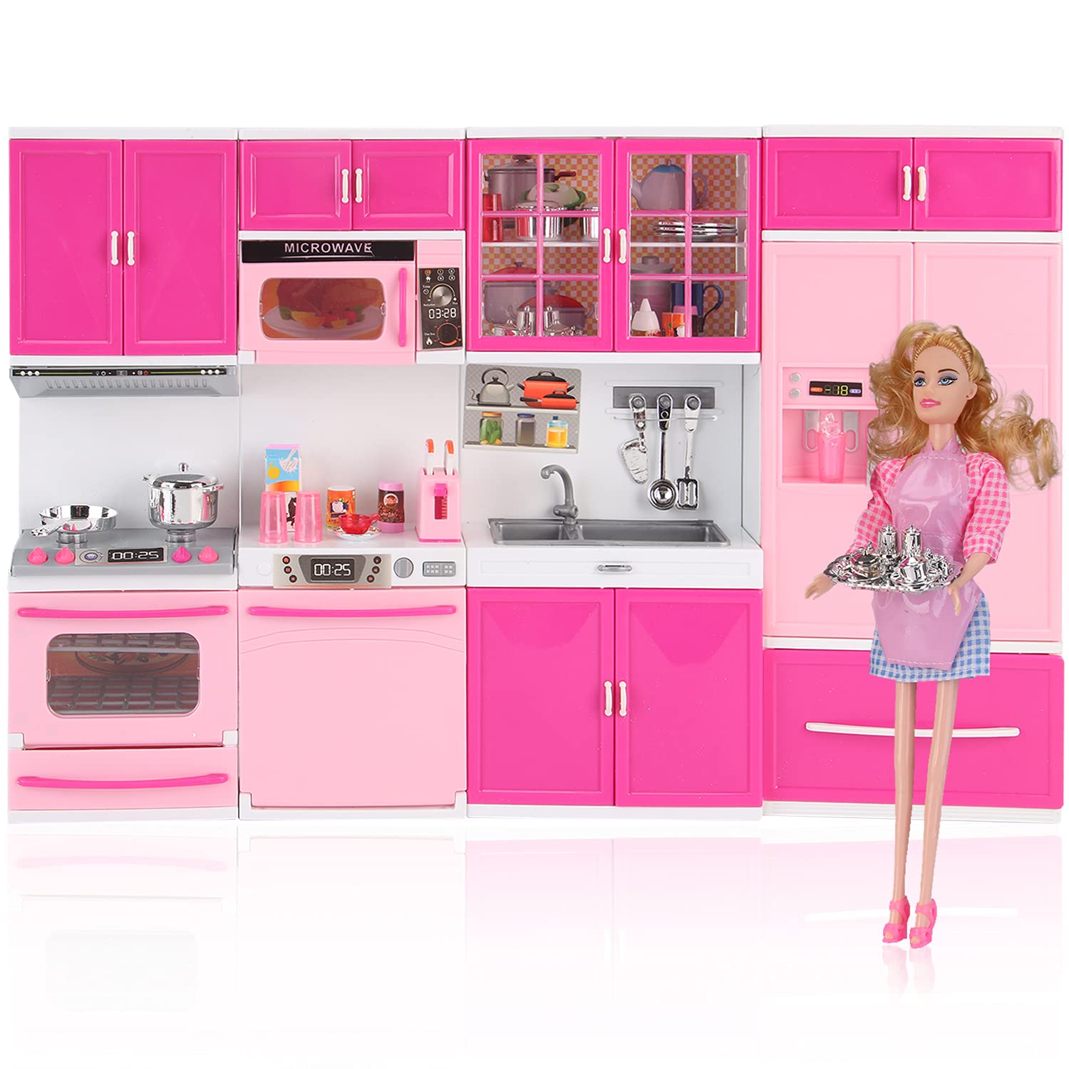 Doll Kitchen Playset for Kids, My Modern Mini Kitchen House Furniture Pretend Play Toy Accessories Set with Realistic Lights & Sounds for Toddlers