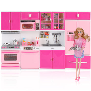 Doll Kitchen Playset for Kids, My Modern Mini Kitchen House Furniture Pretend Play Toy Accessories Set with Realistic Lights & Sounds for Toddlers