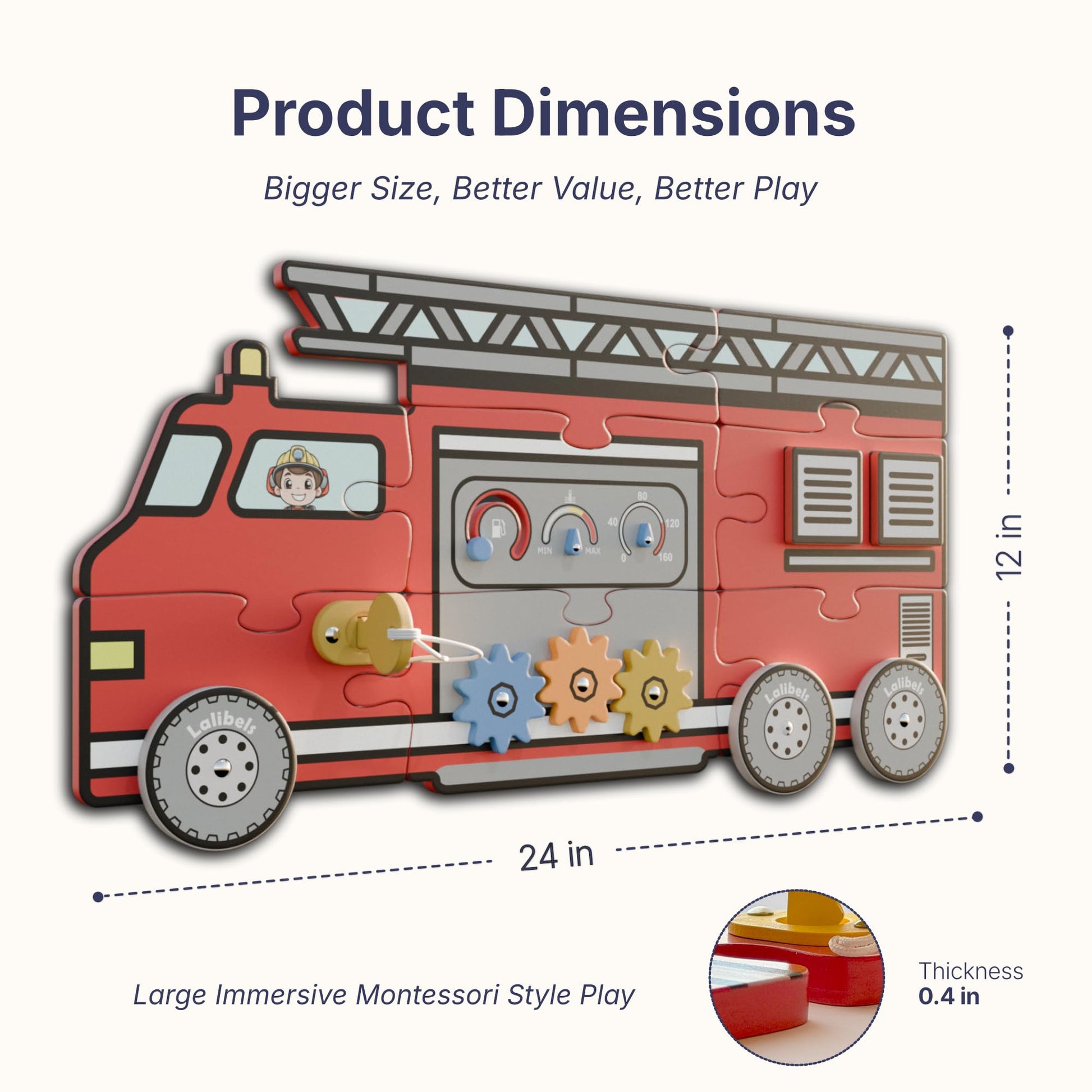 Lalibels Large Fire Truck Puzzle & Activity Toy for Toddlers 18 Months+, Montessori Fine Motor Learning Toy, Wooden Firetruck Birthday Gift for Boys