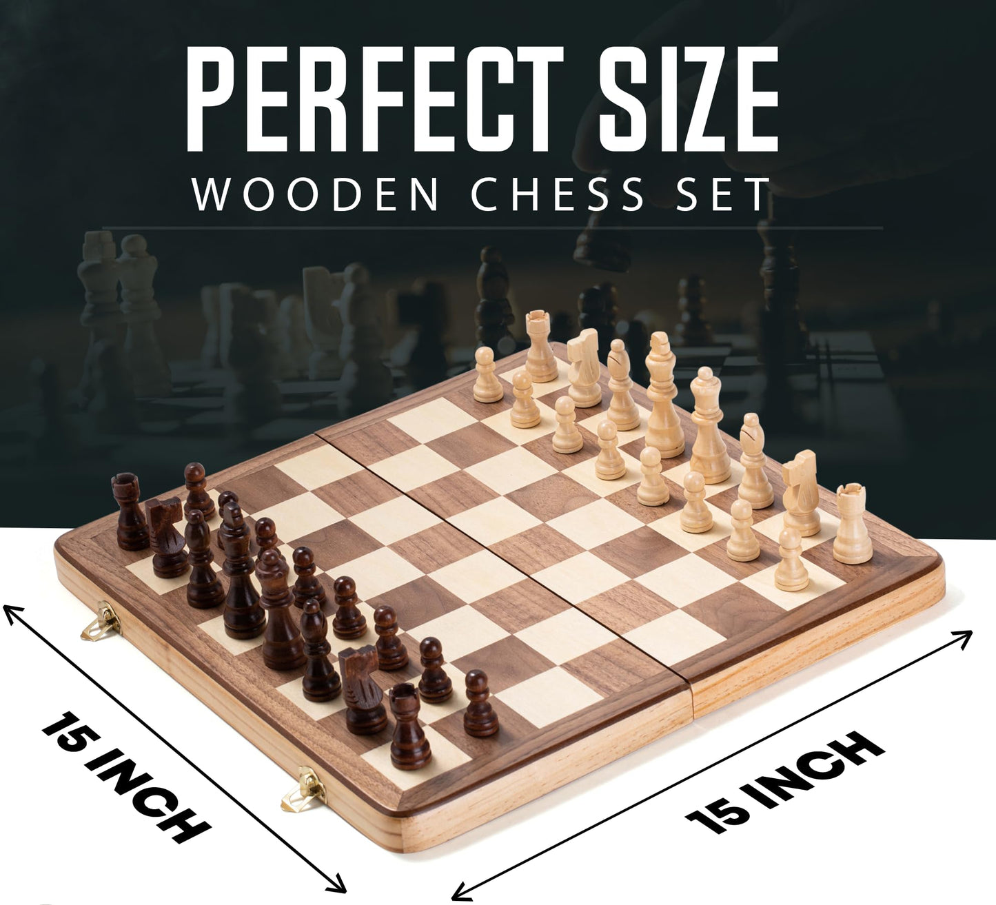 Chess Armory Wooden Chess Set 15 Inch - Classic Handcrafted Game Board for Adults with Extra Queen Pieces and Storage Box - Ideal for Home and Travel