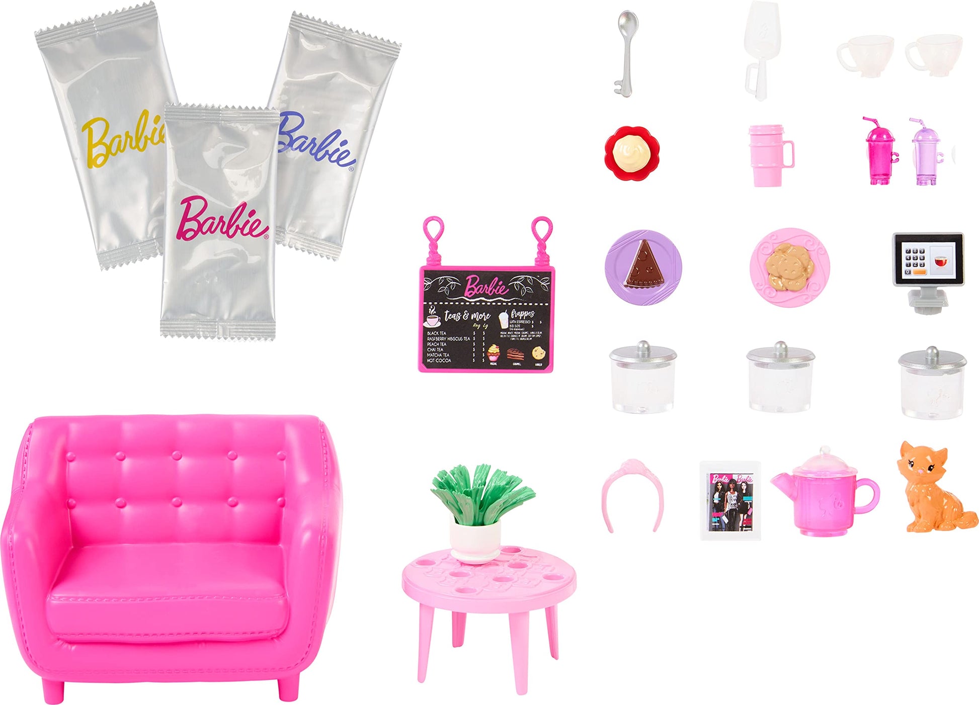 Barbie HKT94 Pretty Cozy Coffee Set with Doll Model, Furniture, Cat Figurine and 21 Accessories Including Colour Changing Teapot, Children's Toy, from