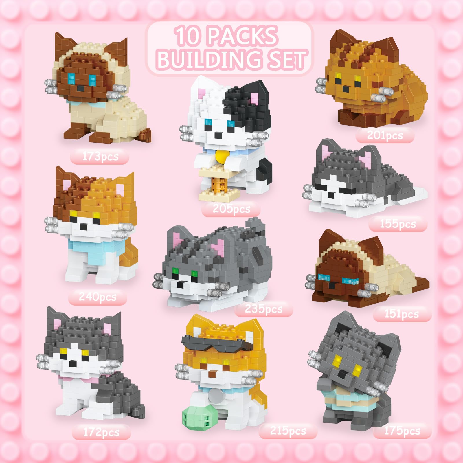 TENYEAH 10 Packs Mini Building Blocks Cats Set, Cat Building Kit Party Favors Toy, Interlocking Bricks, DIY Animal Figure Creative Birthday Gifts