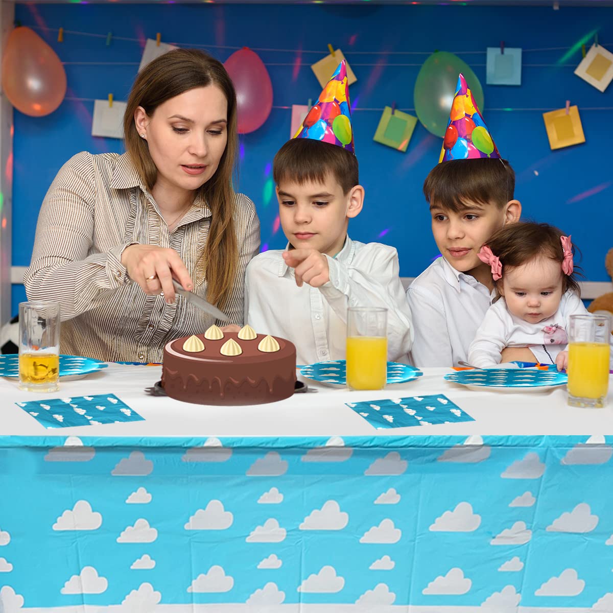Blue Sky White Clouds Birthday Party Supplies, 20 Plates and 20 Napkins and Tablecloth71 '' x 42.5 '', Blue Sky Cartoon Theme Birthday Party