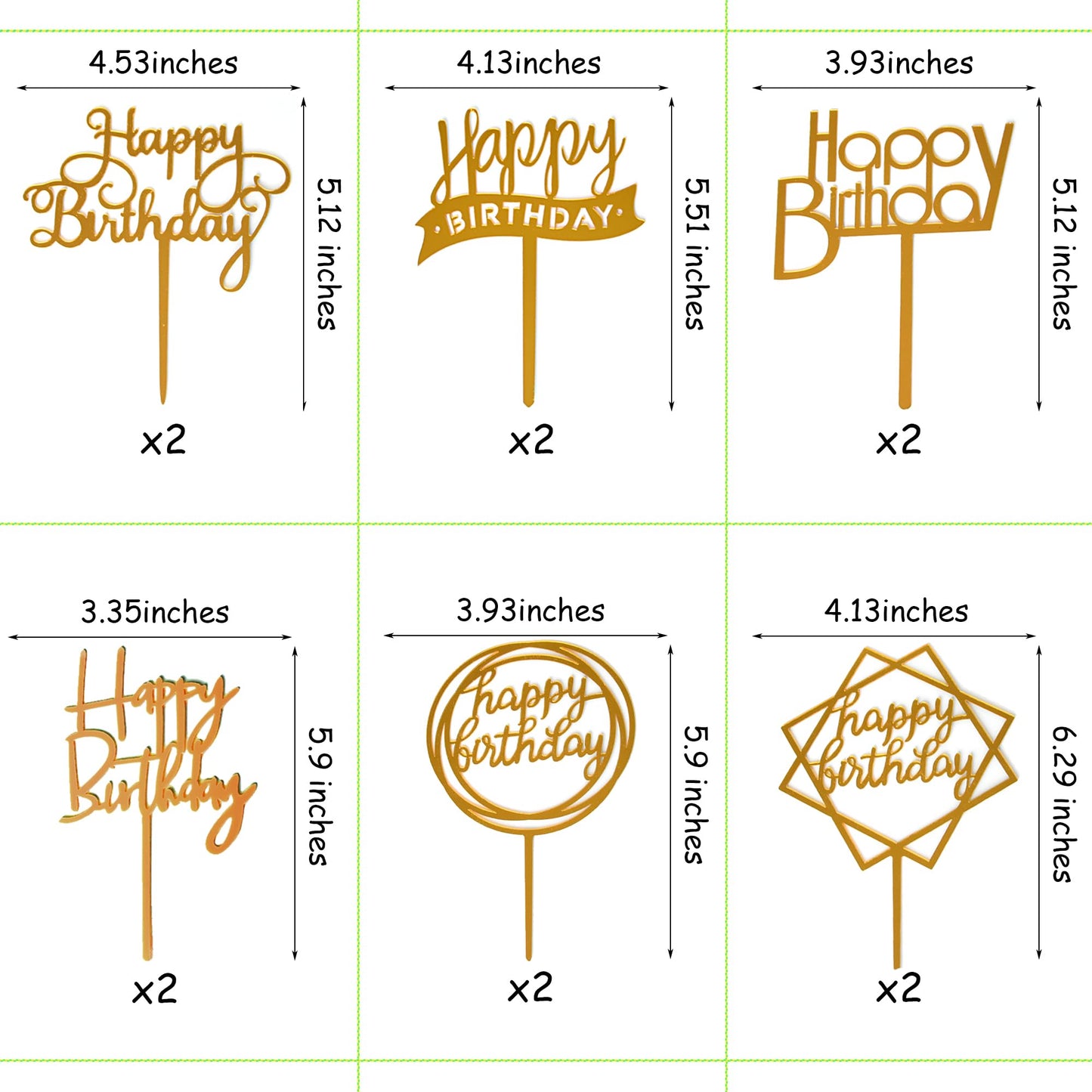 Chewarelly 12 Pack Multi Styles Birthday Cake Topper Set, Acrylic Cake Bunting Decor Birthday Cake Picks Party Decorations Supplies(Gold)