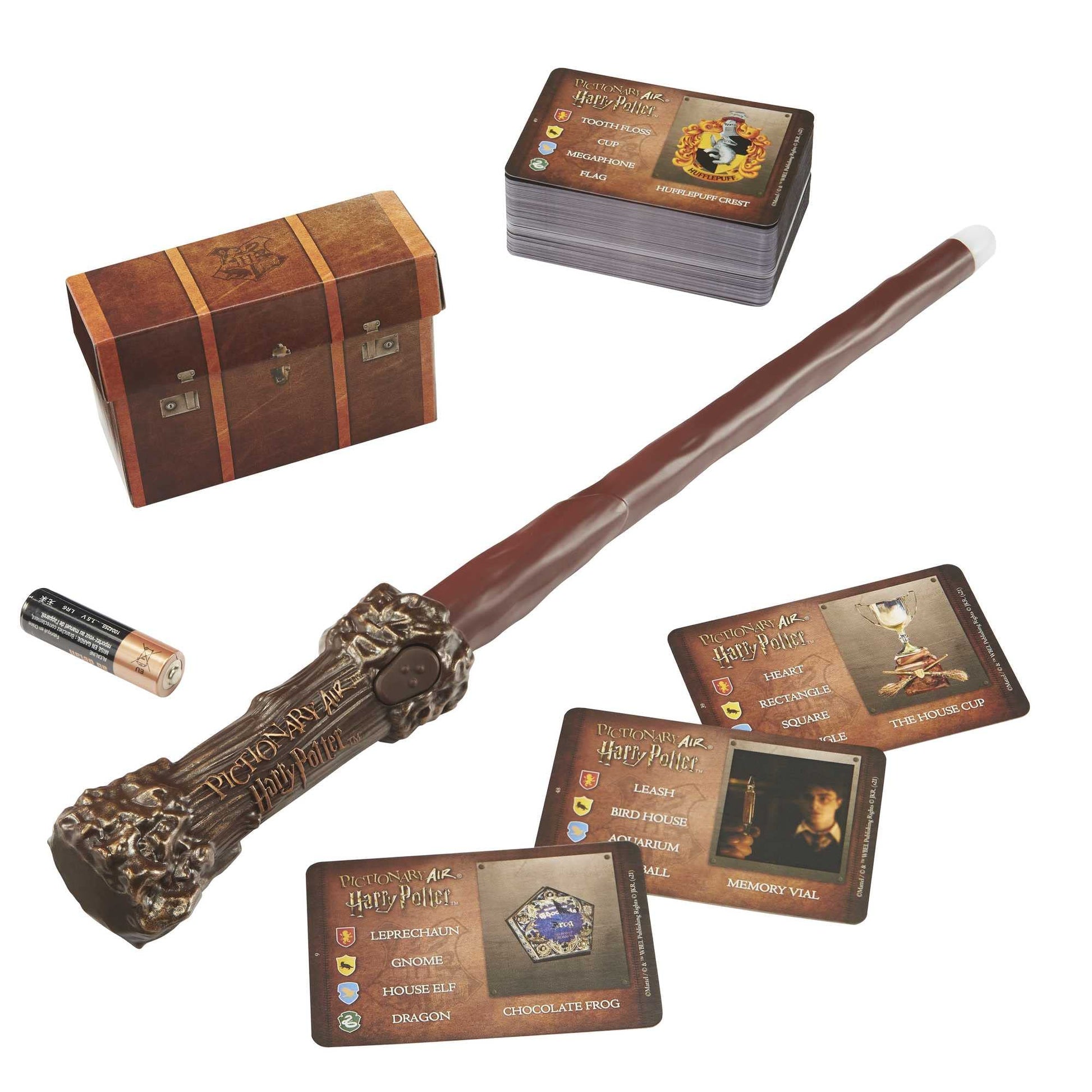 Mattel Games PICTIONARY AIR Harry Potter Family Drawing Game, Wand Pen, 112 Double-Sided Clue Cards, Trunk Card Holder, Collector Package. for 8 Year