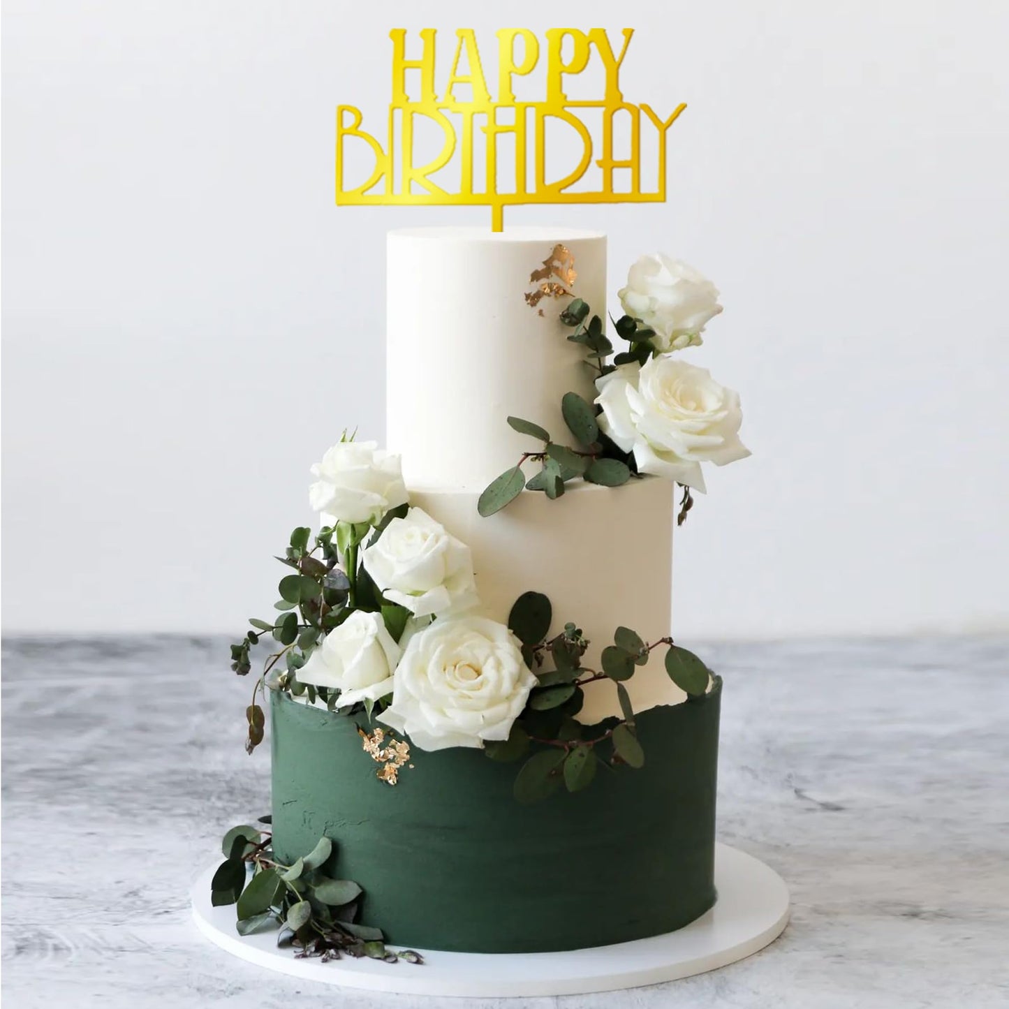 32 PCS Gold Happy Birthday Cake Toppers Flower Acrylic Birthday Cake Topper Cake Pick Decorations (Gold)