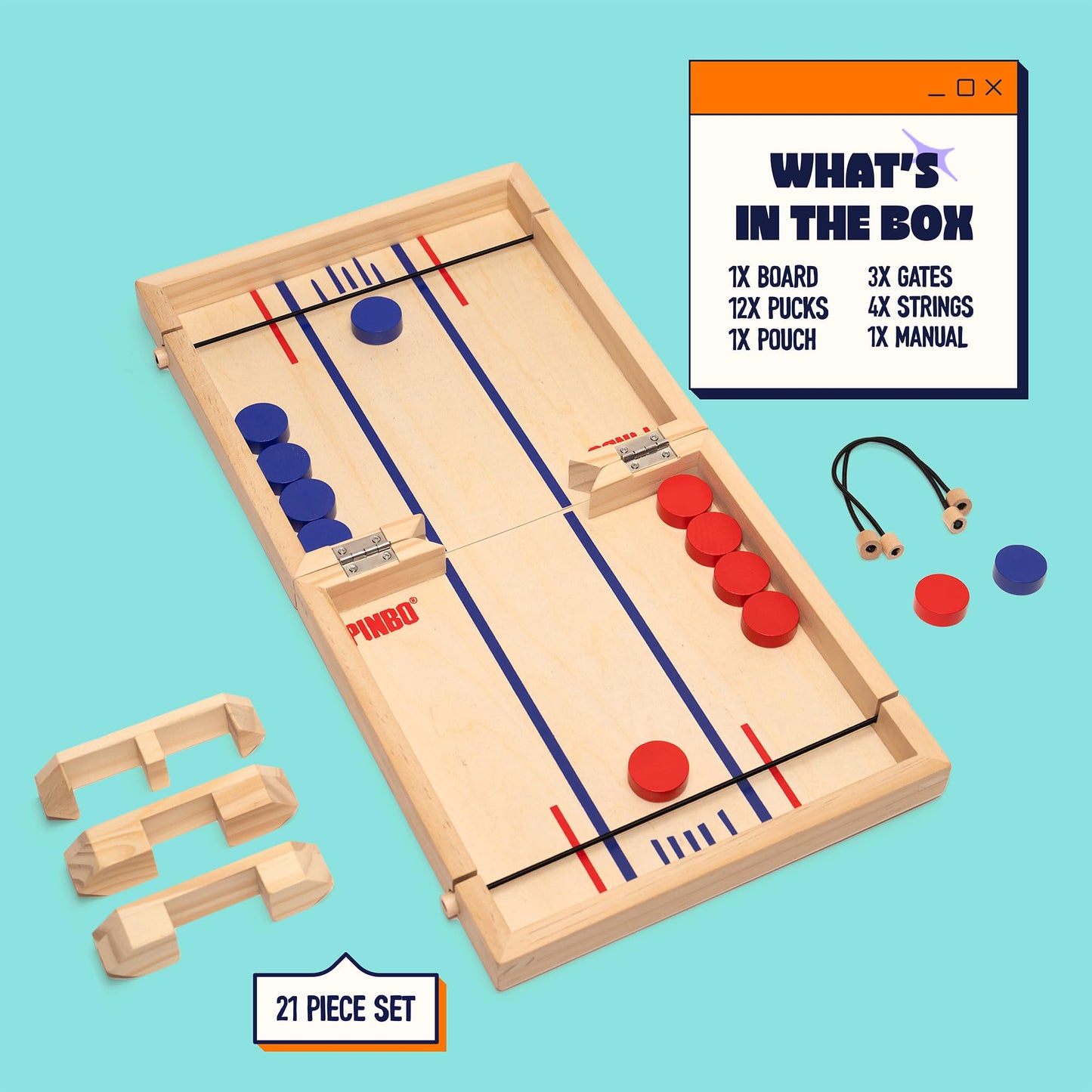 Pinbo Sling Puck Game (18") Premium Wooden Foldable Board | 2 Player Tabletop Game for Adults & Kids | Travel Friendly Classic Slingshot Game