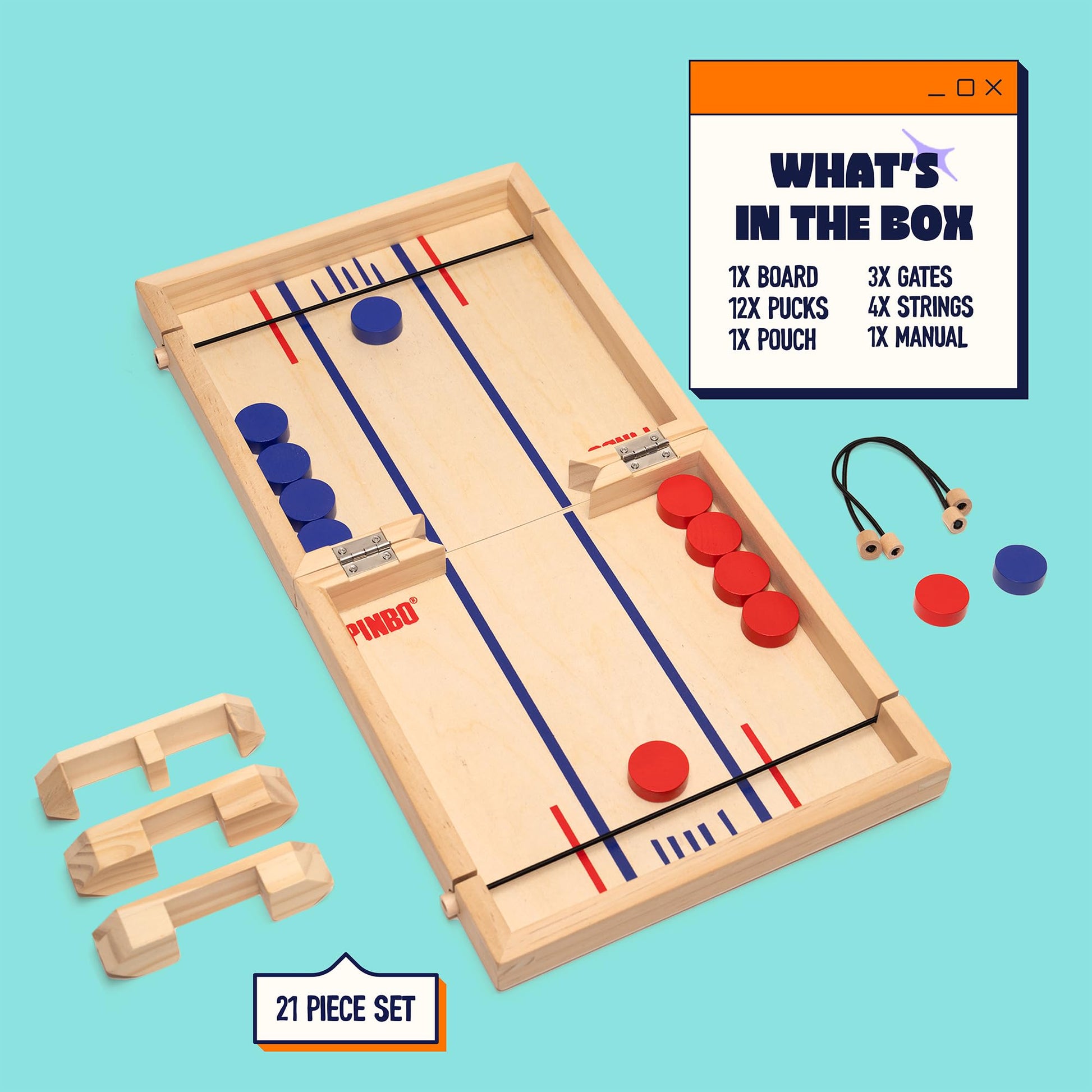 Pinbo Sling Puck Game (18") Premium Wooden Foldable Board | 2 Player Tabletop Game for Adults & Kids | Travel Friendly Classic Slingshot Game